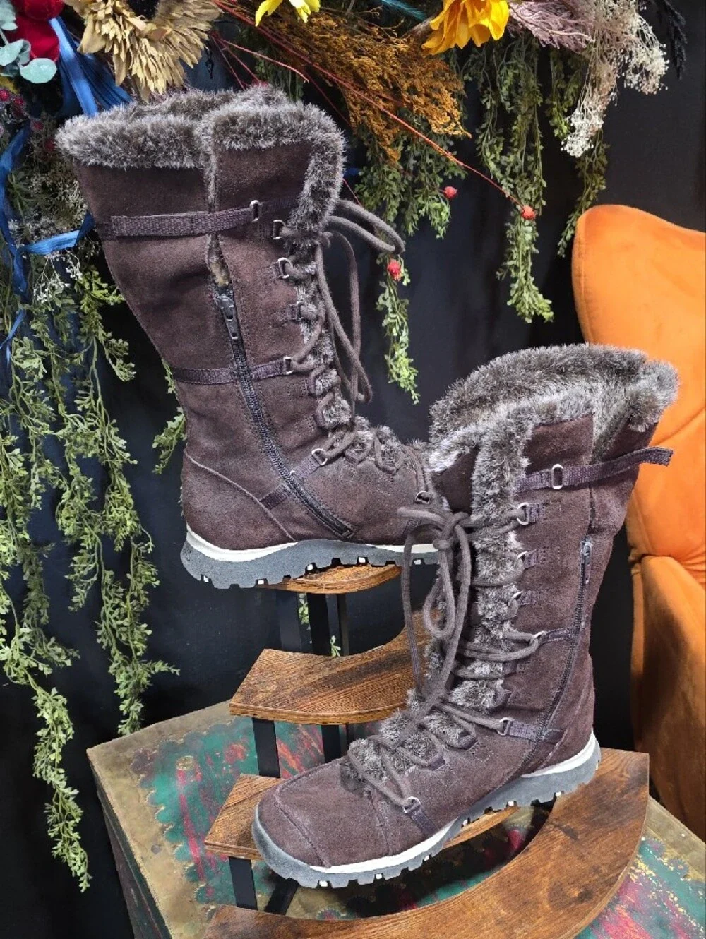 Skechers Women's Dark Brown Suede & Faux Fur-Lined Lace-Up Winter Boots